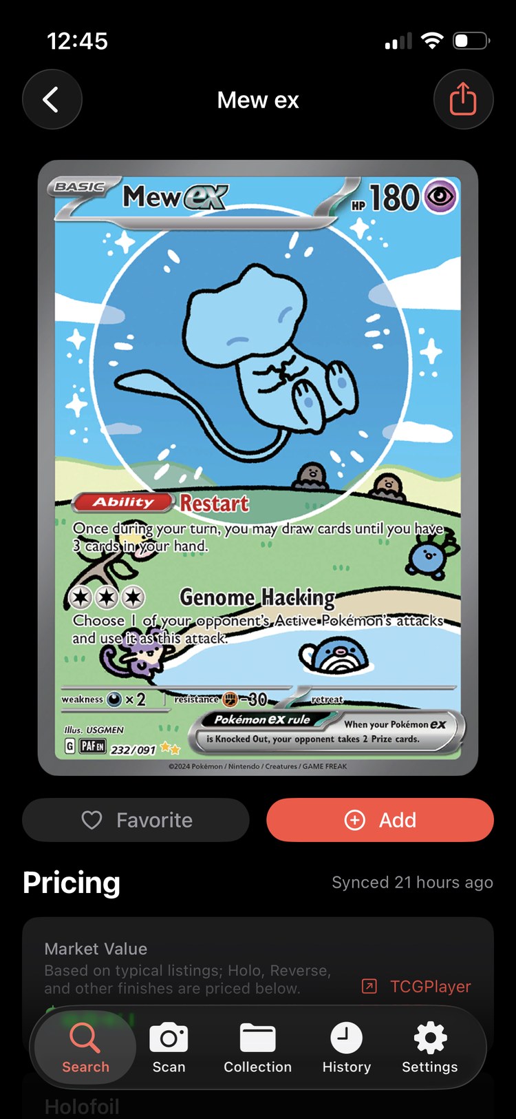 Pokémon card detail view in MonZap with market pricing
