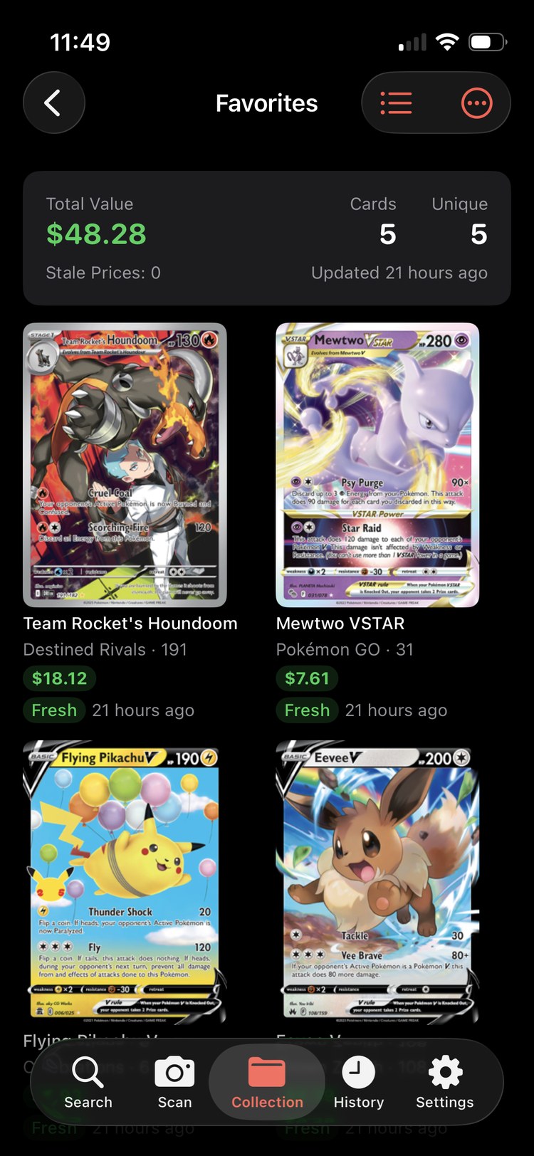 Pokémon card collection tracker in MonZap showing total value and card prices