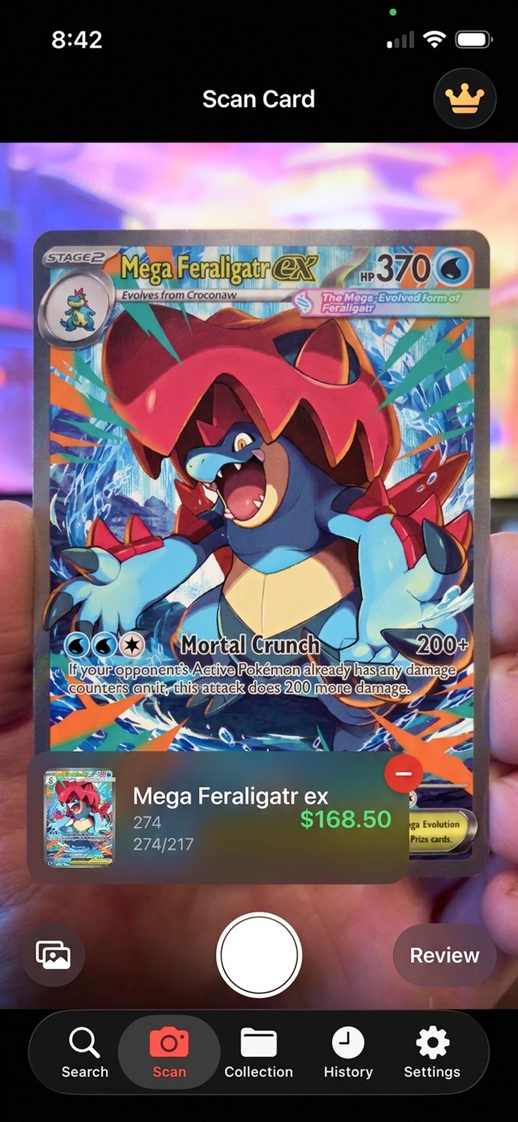 MonZap live scan identifying a Pokémon card and showing its market price